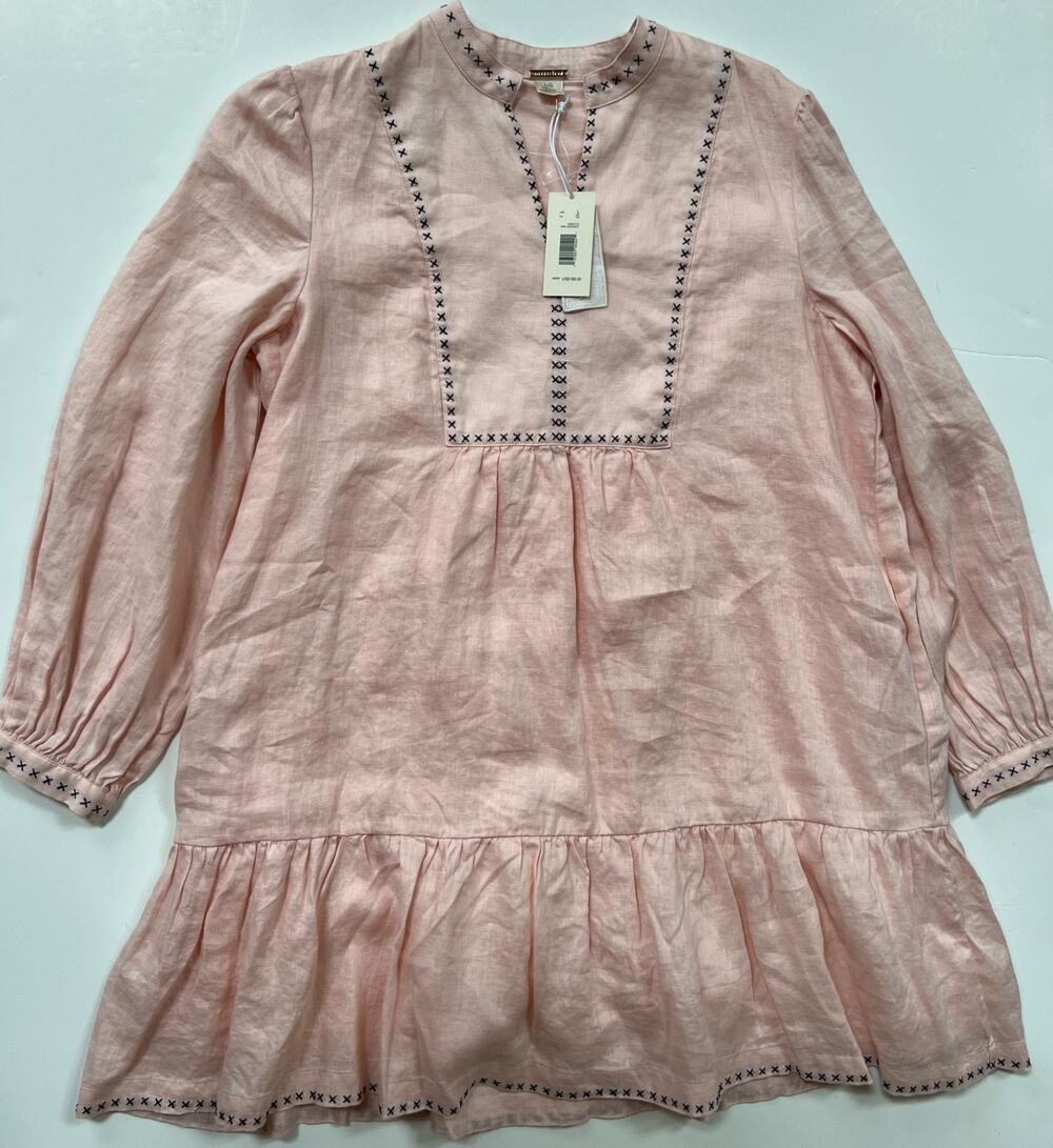 Magaschoni 100% Linen Dress Mini Drop Waist Coral Lined Pockets Boho Size L